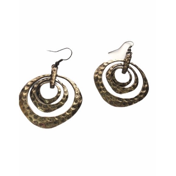 Hammered Brass Triple Hoop Earrings - Picture 2 of 8